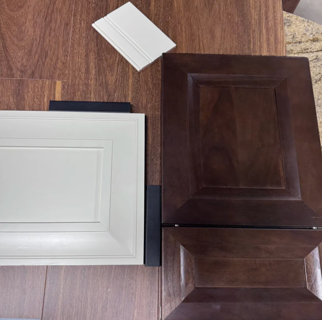 Kitchen cabinet door samples and wood flooring