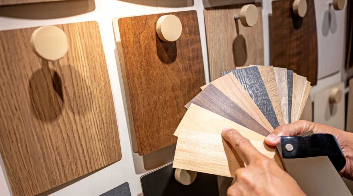 Hand holding wood veneer samples