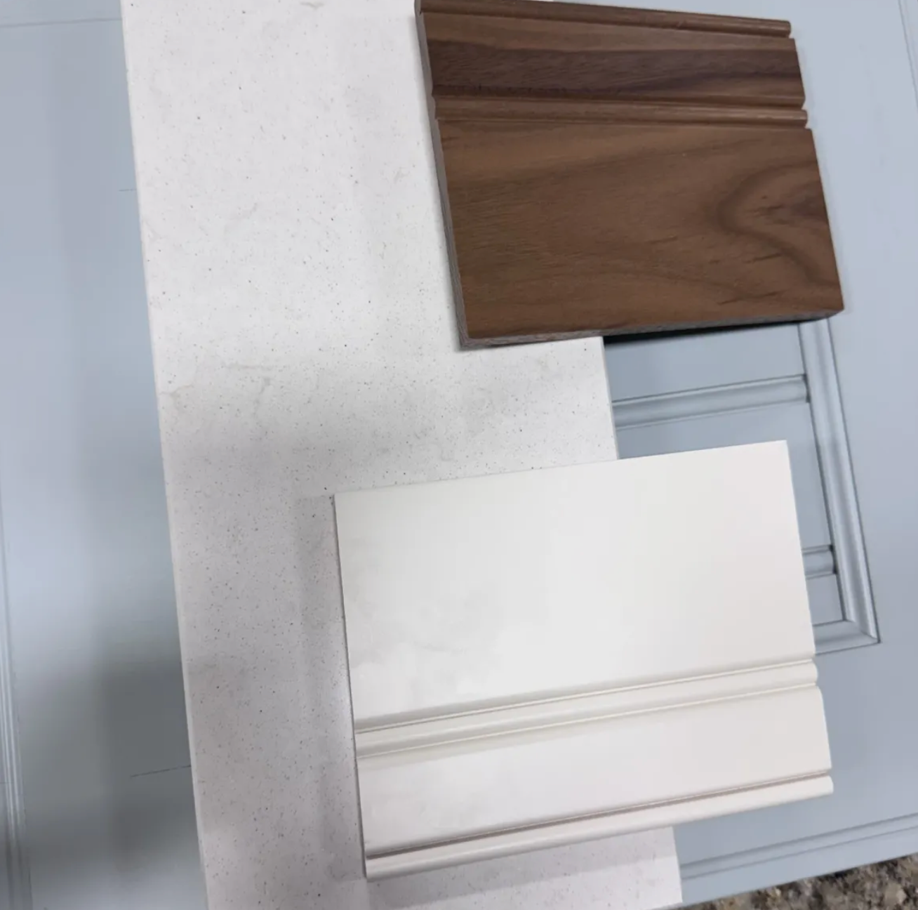 Building material samples wood quartz composite