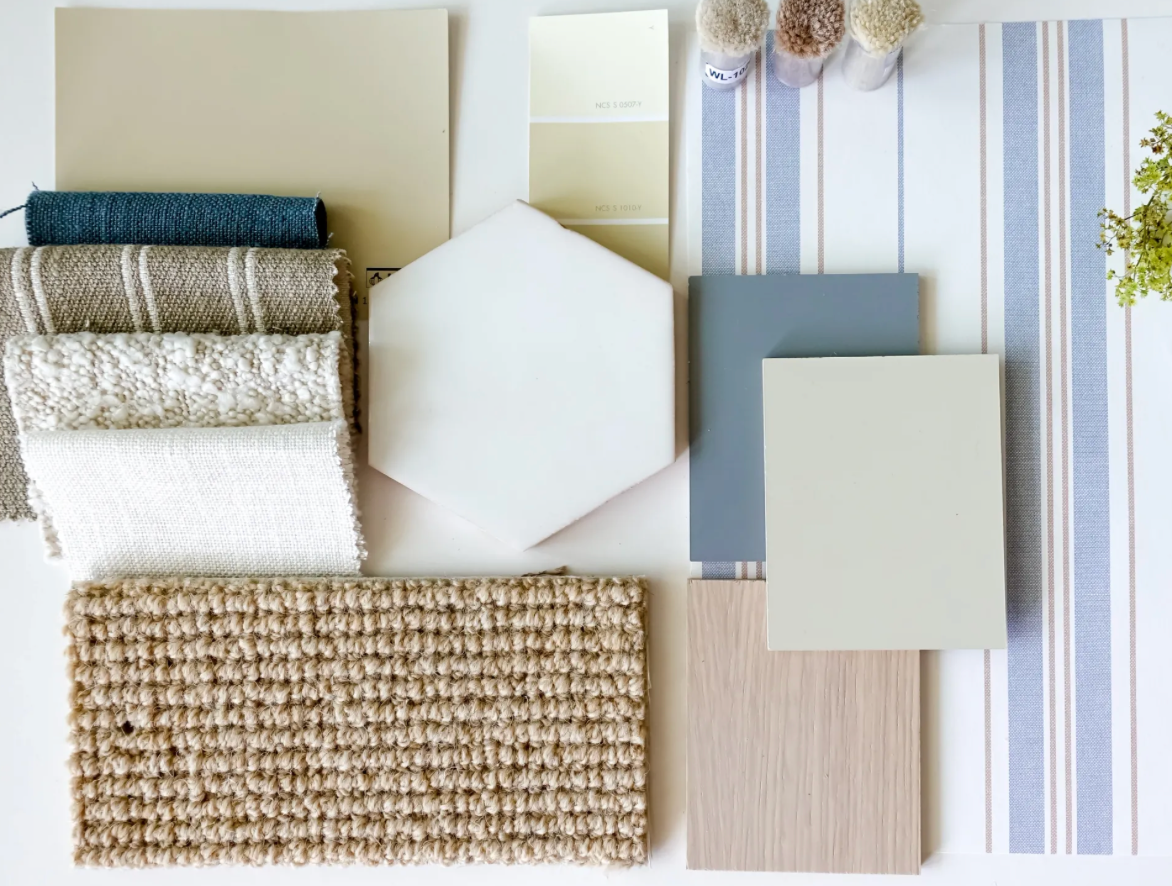 Interior design fabric and material palette flat lay